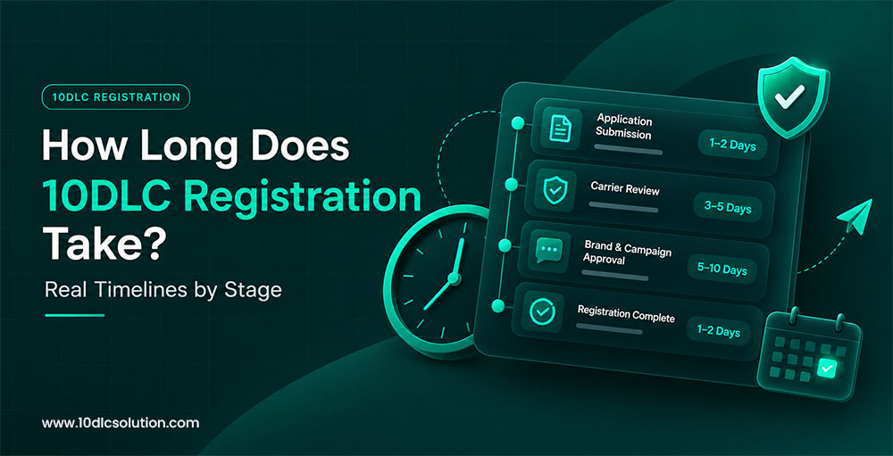 How long does 10DLC registration take: application submission, carrier review, brand and campaign approval, and registration complete, with the days each stage takes